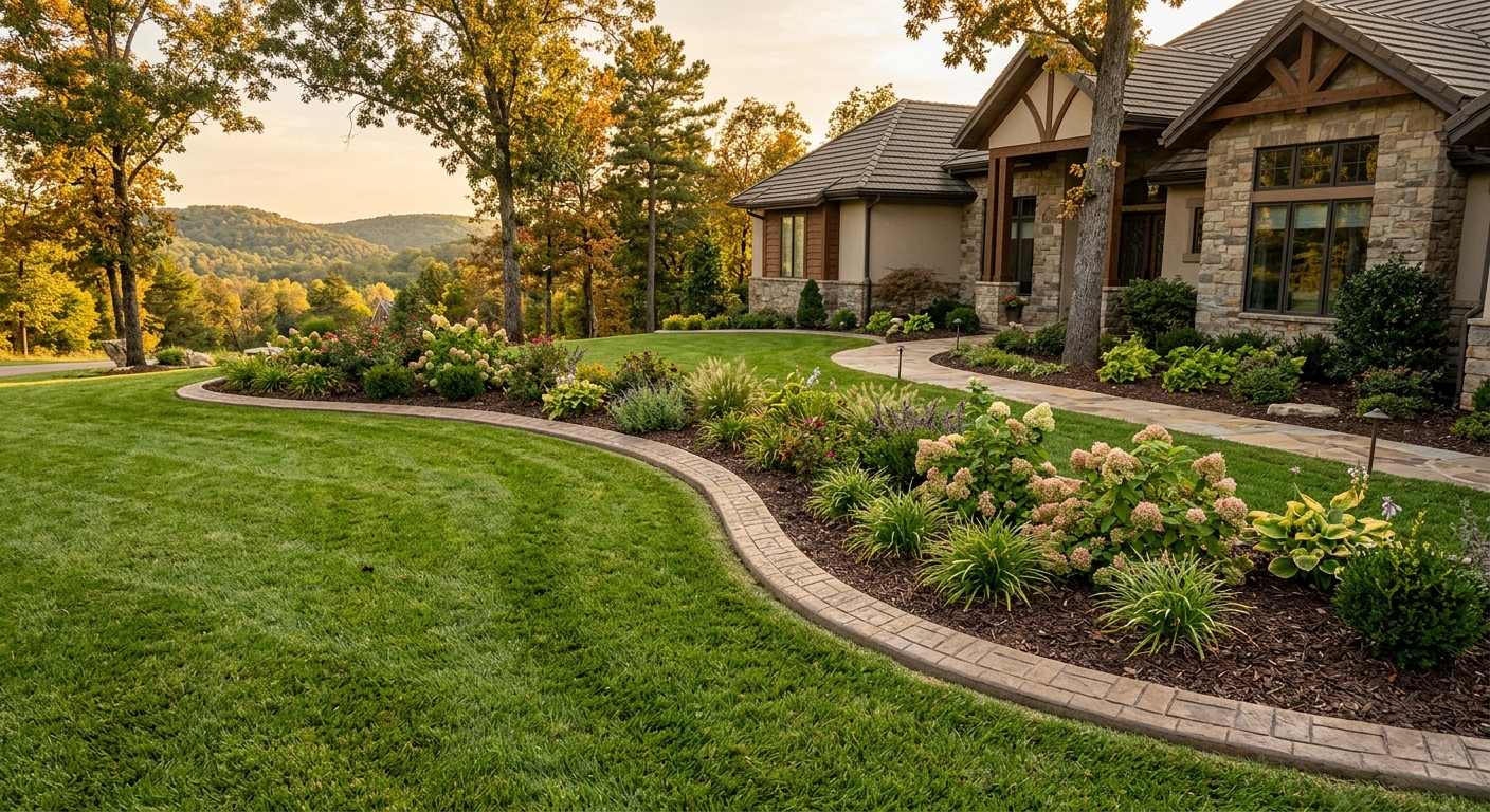Decorative concrete curbing along an upscale residential property in Fayetteville Arkansas with Ozark mountain foothills in the background