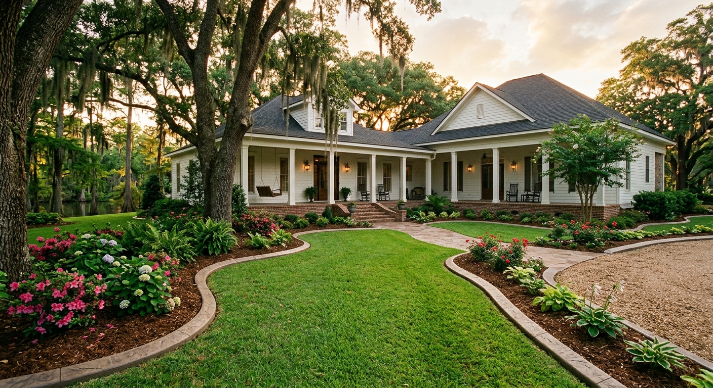 Decorative concrete landscape curbing along a Southern home in Monroe Louisiana with mature trees and manicured lawn