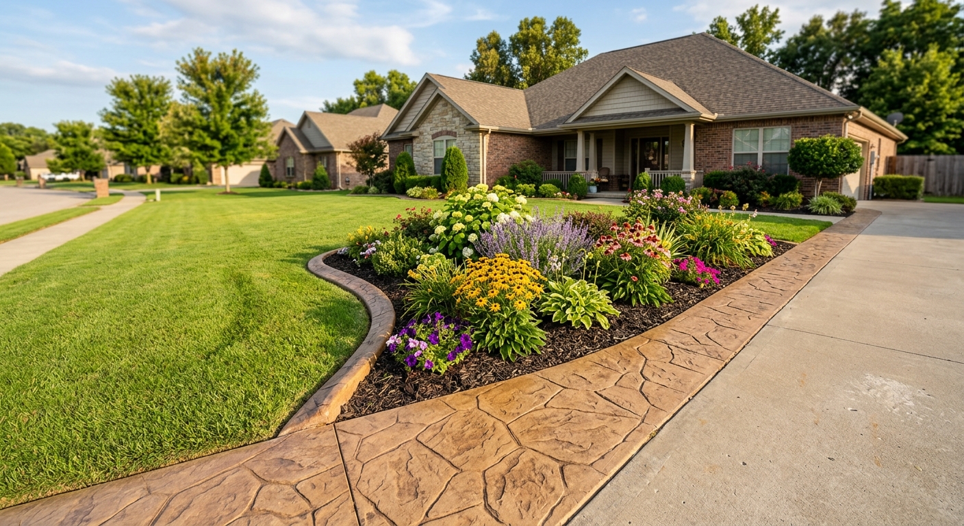 Decorative concrete curbing along a well-maintained residential property in Springdale, Arkansas
