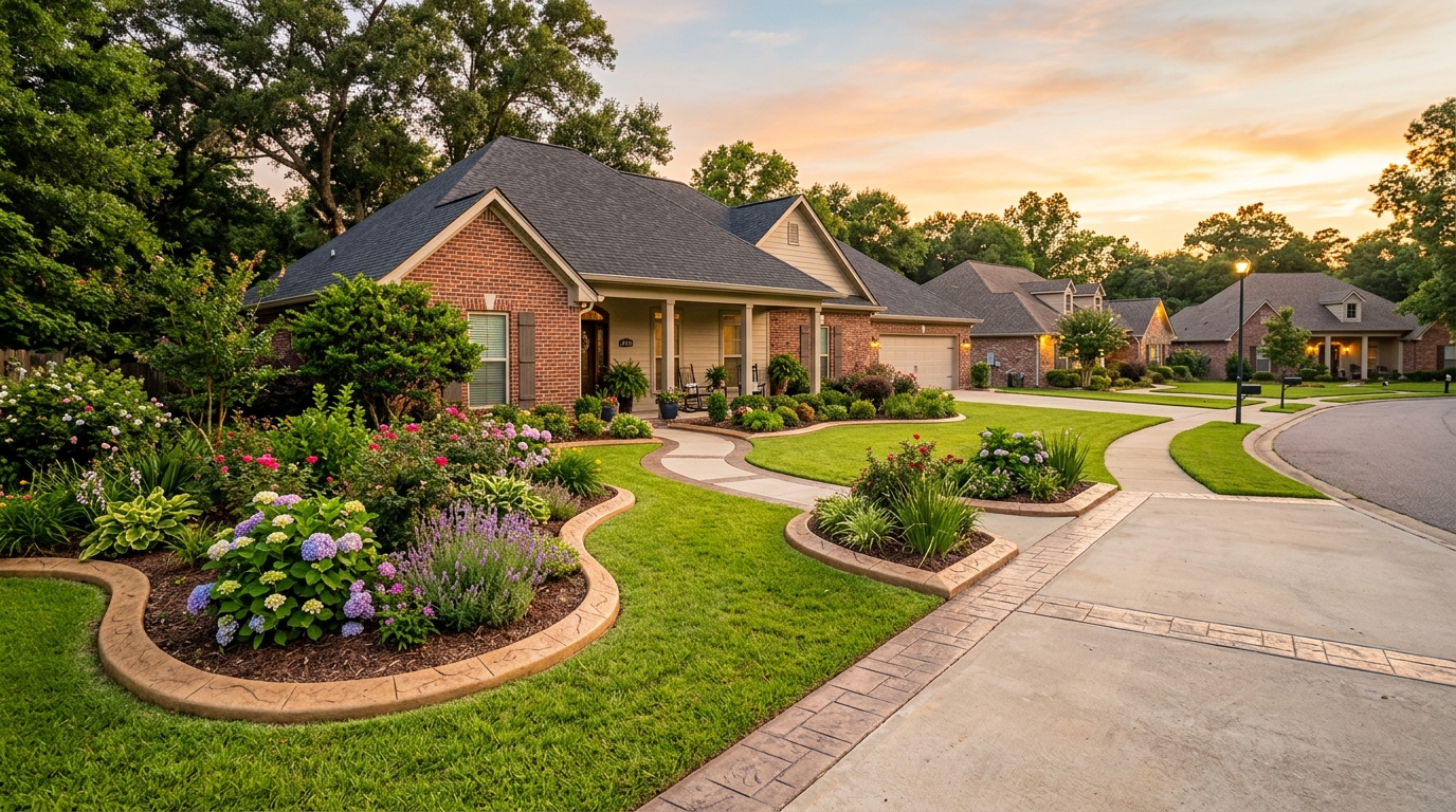 Custom decorative concrete curbing along a residential home in West Monroe Louisiana with lush green landscaping