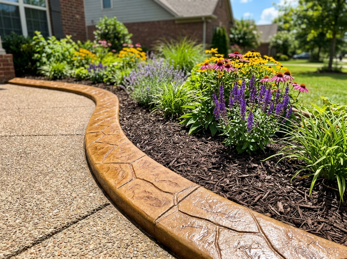 Close-up of decorative stamped concrete curbing bordering a flower bed in a Monroe Louisiana yard
