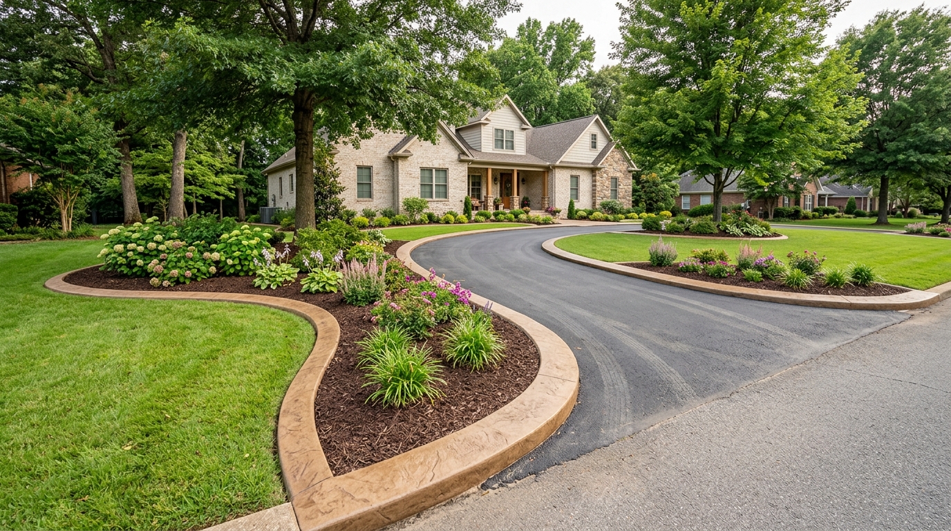 Completed residential curbing project with decorative borders framing a driveway and flower beds